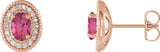 14K Gold Natural Pink Tourmaline & Natural Diamond Oval 4-Prong Halo-Style Earrings - Rose Gold