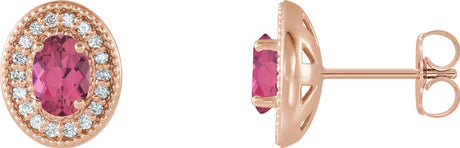 14K Gold Natural Pink Tourmaline & Natural Diamond Oval 4-Prong Halo-Style Earrings - Rose Gold