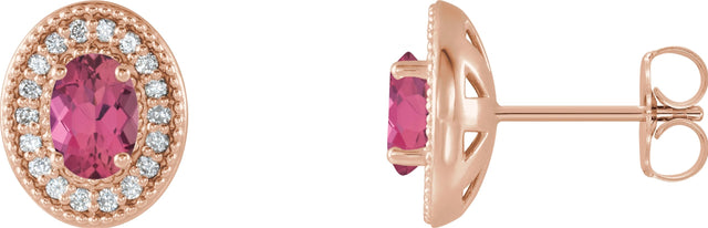 14K Gold Natural Pink Tourmaline & Natural Diamond Oval 4-Prong Halo-Style Earrings - Rose Gold