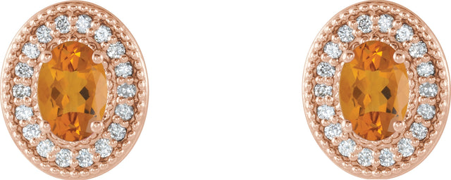 14K Gold Natural Citrine & Natural Diamond Oval 4-Prong Halo-Style Earrings - Rose Gold - view 2