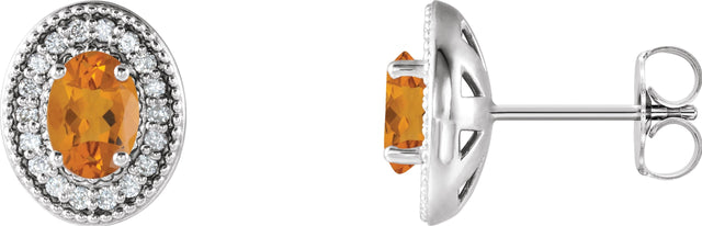 14K Gold Natural Citrine & Natural Diamond Oval 4-Prong Halo-Style Earrings - White Gold