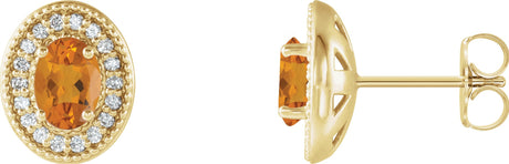 14K Gold Natural Citrine & Natural Diamond Oval 4-Prong Halo-Style Earrings - Yellow Gold