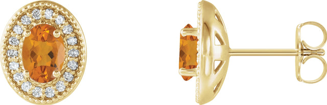 14K Gold Natural Citrine & Natural Diamond Oval 4-Prong Halo-Style Earrings - Yellow Gold