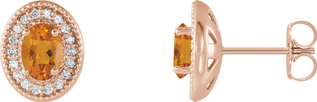 14K Gold Natural Citrine & Natural Diamond Oval 4-Prong Halo-Style Earrings - Rose Gold