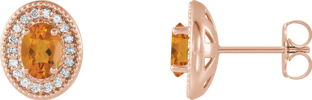 14K Gold Natural Citrine & Natural Diamond Oval 4-Prong Halo-Style Earrings - Rose Gold