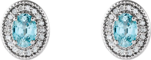 14K Gold Natural Blue Zircon & Natural Diamond Oval 4-Prong Halo-Style Earrings - White Gold - view 2