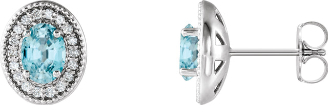 Platinum Natural Blue Zircon & Natural Diamond Oval 4-Prong Halo-Style Earrings