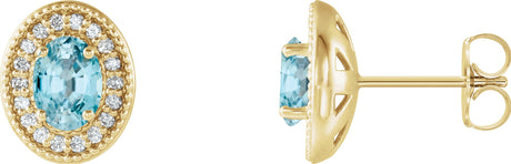 14K Gold Natural Blue Zircon & Natural Diamond Oval 4-Prong Halo-Style Earrings - Yellow Gold