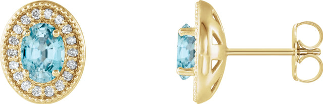 14K Gold Natural Blue Zircon & Natural Diamond Oval 4-Prong Halo-Style Earrings - Yellow Gold