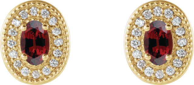 14K Gold Natural Mozambique Garnet & Natural Diamond Oval 4-Prong Halo-Style Earrings - Yellow Gold - view 2
