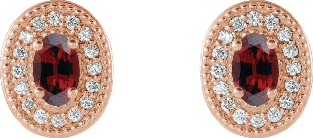 14K Gold Natural Mozambique Garnet & Natural Diamond Oval 4-Prong Halo-Style Earrings - Rose Gold - view 2