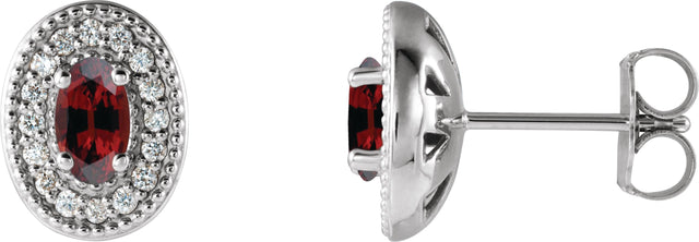 Platinum Natural Mozambique Garnet & Natural Diamond Oval 4-Prong Halo-Style Earrings