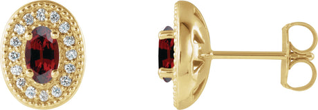 14K Gold Natural Mozambique Garnet & Natural Diamond Oval 4-Prong Halo-Style Earrings - Yellow Gold