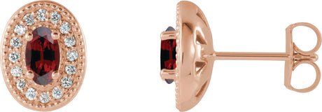 14K Gold Natural Mozambique Garnet & Natural Diamond Oval 4-Prong Halo-Style Earrings - Rose Gold