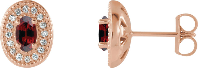 14K Gold Natural Mozambique Garnet & Natural Diamond Oval 4-Prong Halo-Style Earrings - Rose Gold