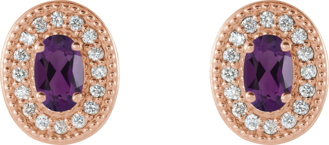 14K Gold Natural Amethyst & Natural Diamond Oval 4-Prong Halo-Style Earrings - Rose Gold - view 2