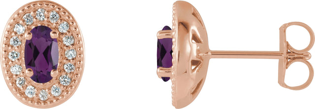 14K Gold Natural Amethyst & Natural Diamond Oval 4-Prong Halo-Style Earrings - Rose Gold