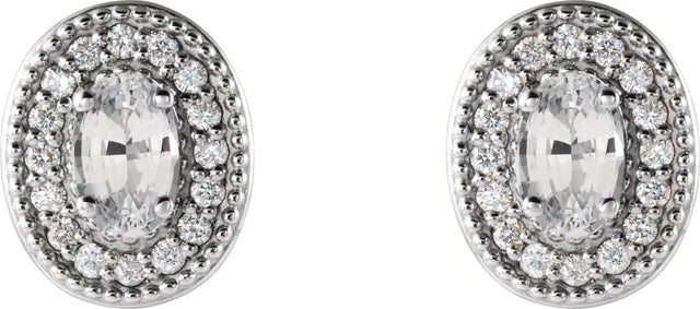 Platinum Natural White Sapphire & Natural Diamond Oval 4-Prong Halo-Style Earrings - view 2