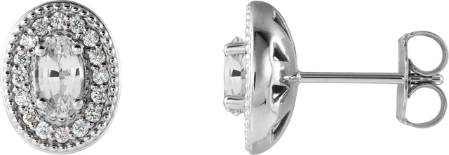 14K Gold Natural White Sapphire & Natural Diamond Oval 4-Prong Halo-Style Earrings - White Gold