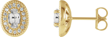 14K Gold Natural White Sapphire & Natural Diamond Oval 4-Prong Halo-Style Earrings - Yellow Gold