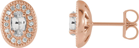 14K Gold Natural White Sapphire & Natural Diamond Oval 4-Prong Halo-Style Earrings - Rose Gold
