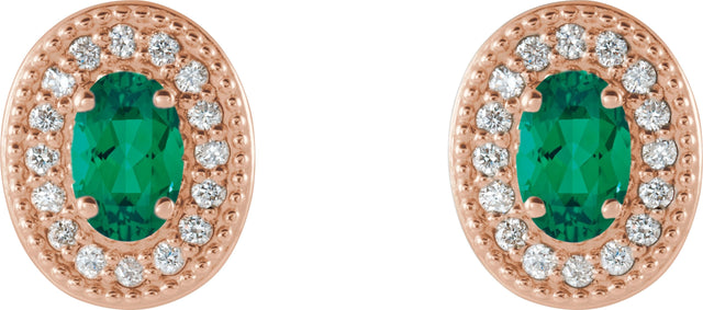 14K Gold Natural Emerald & Natural Diamond Oval 4-Prong Halo-Style Earrings - Rose Gold - view 2