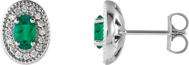 14K Gold Natural Emerald & Natural Diamond Oval 4-Prong Halo-Style Earrings - White Gold