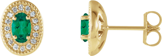 14K Gold Natural Emerald & Natural Diamond Oval 4-Prong Halo-Style Earrings - Yellow Gold