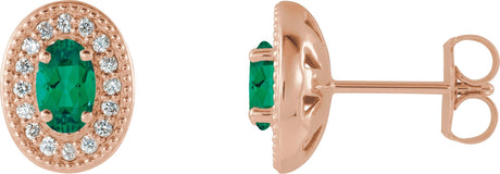 14K Gold Lab-Grown Emerald & Natural Diamond Oval 4-Prong Halo-Style Earrings - Rose Gold