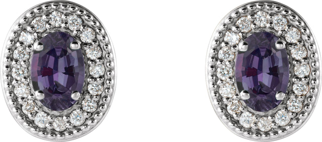 Platinum Lab-Grown Alexandrite & Natural Diamond Oval 4-Prong Halo-Style Earrings - view 2