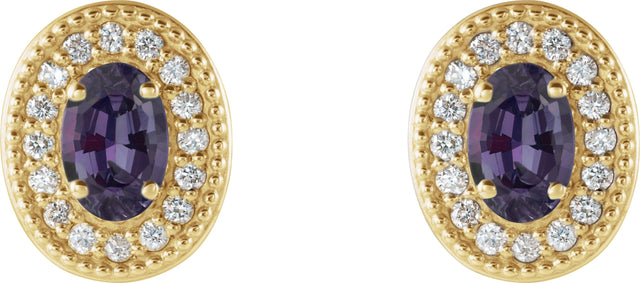 14K Gold Lab-Grown Alexandrite & Natural Diamond Oval 4-Prong Halo-Style Earrings - Yellow Gold - view 2
