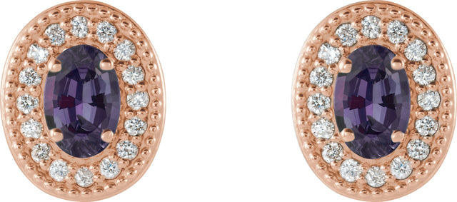 14K Gold Lab-Grown Alexandrite & Natural Diamond Oval 4-Prong Halo-Style Earrings - Rose Gold - view 2