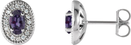 14K Gold Lab-Grown Alexandrite & Natural Diamond Oval 4-Prong Halo-Style Earrings - White Gold