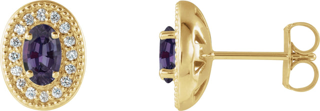 14K Gold Lab-Grown Alexandrite & Natural Diamond Oval 4-Prong Halo-Style Earrings - Yellow Gold
