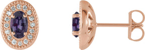 14K Gold Lab-Grown Alexandrite & Natural Diamond Oval 4-Prong Halo-Style Earrings - Rose Gold