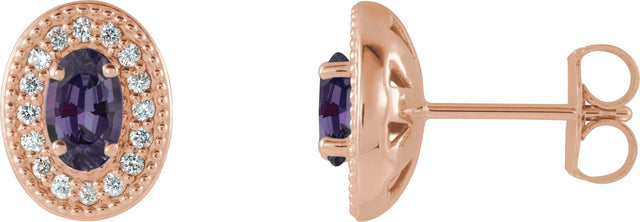 14K Gold Lab-Grown Alexandrite & Natural Diamond Oval 4-Prong Halo-Style Earrings - Rose Gold