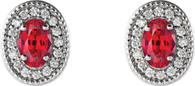 Platinum Natural Ruby & Natural Diamond Oval 4-Prong Halo-Style Earrings - view 2