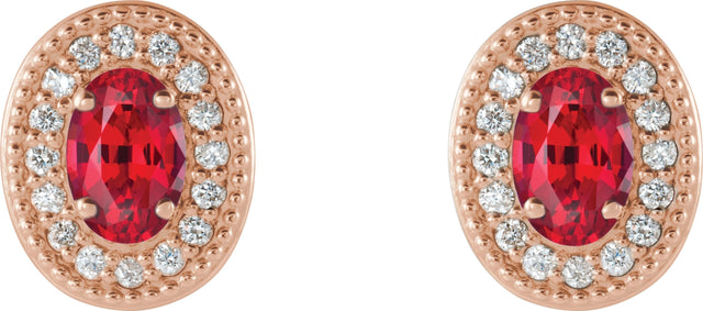 14K Gold Lab-Grown Ruby & Natural Diamond Oval 4-Prong Halo-Style Earrings - Rose Gold - view 2