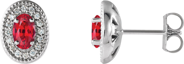 14K Gold Natural Ruby & Natural Diamond Oval 4-Prong Halo-Style Earrings - White Gold