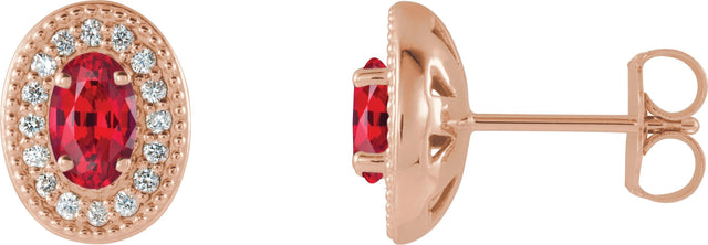 14K Gold Natural Ruby & Natural Diamond Oval 4-Prong Halo-Style Earrings - Rose Gold