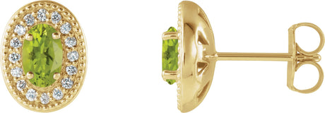 14K Gold Natural Peridot & Natural Diamond Oval 4-Prong Halo-Style Earrings - Yellow Gold