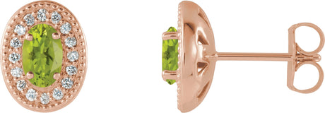 14K Gold Natural Peridot & Natural Diamond Oval 4-Prong Halo-Style Earrings - Rose Gold