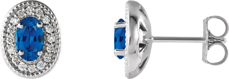 14K Gold Lab-Grown Blue Sapphire & Natural Diamond Oval 4-Prong Halo-Style Earrings – 5x3mm - White Gold