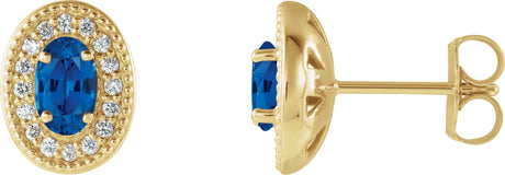 14K Gold Lab-Grown Blue Sapphire & Natural Diamond Oval 4-Prong Halo-Style Earrings – 5x3mm - Yellow Gold