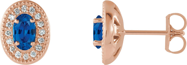 14K Gold Natural Blue Sapphire & Natural Diamond Oval 4-Prong Halo-Style Earrings - Rose Gold