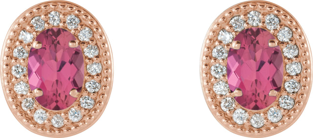 14K Gold Natural Pink Tourmaline & Natural Diamond Oval 4-Prong Halo-Style Earrings - Rose Gold - view 2
