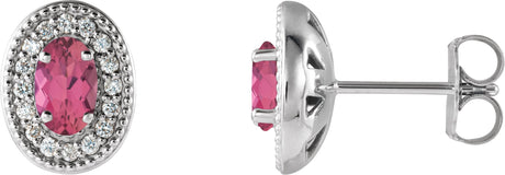Platinum Natural Pink Tourmaline & Natural Diamond Oval 4-Prong Halo-Style Earrings