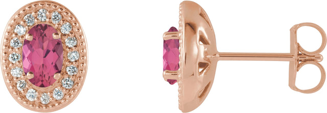 14K Gold Natural Pink Tourmaline & Natural Diamond Oval 4-Prong Halo-Style Earrings - Rose Gold