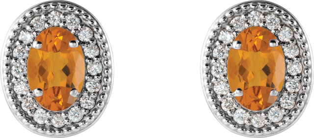 Platinum Natural Citrine & Natural Diamond Oval 4-Prong Halo-Style Earrings - view 2