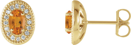 14K Gold Natural Citrine & Natural Diamond Oval 4-Prong Halo-Style Earrings - Yellow Gold